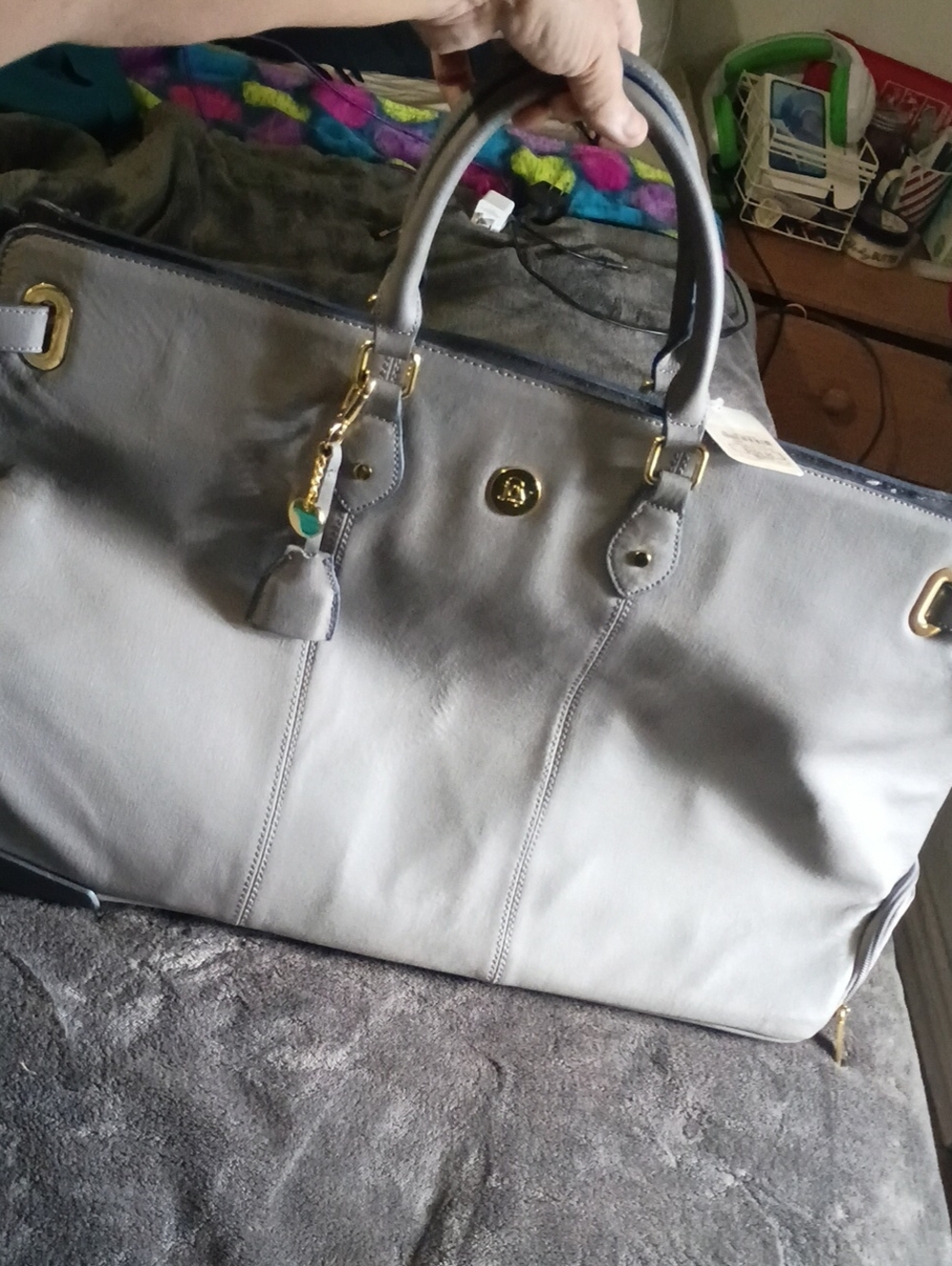 Joy Mangano Gray Leather Tote Bag with Gold Hardware.Retail 159.00. NWT